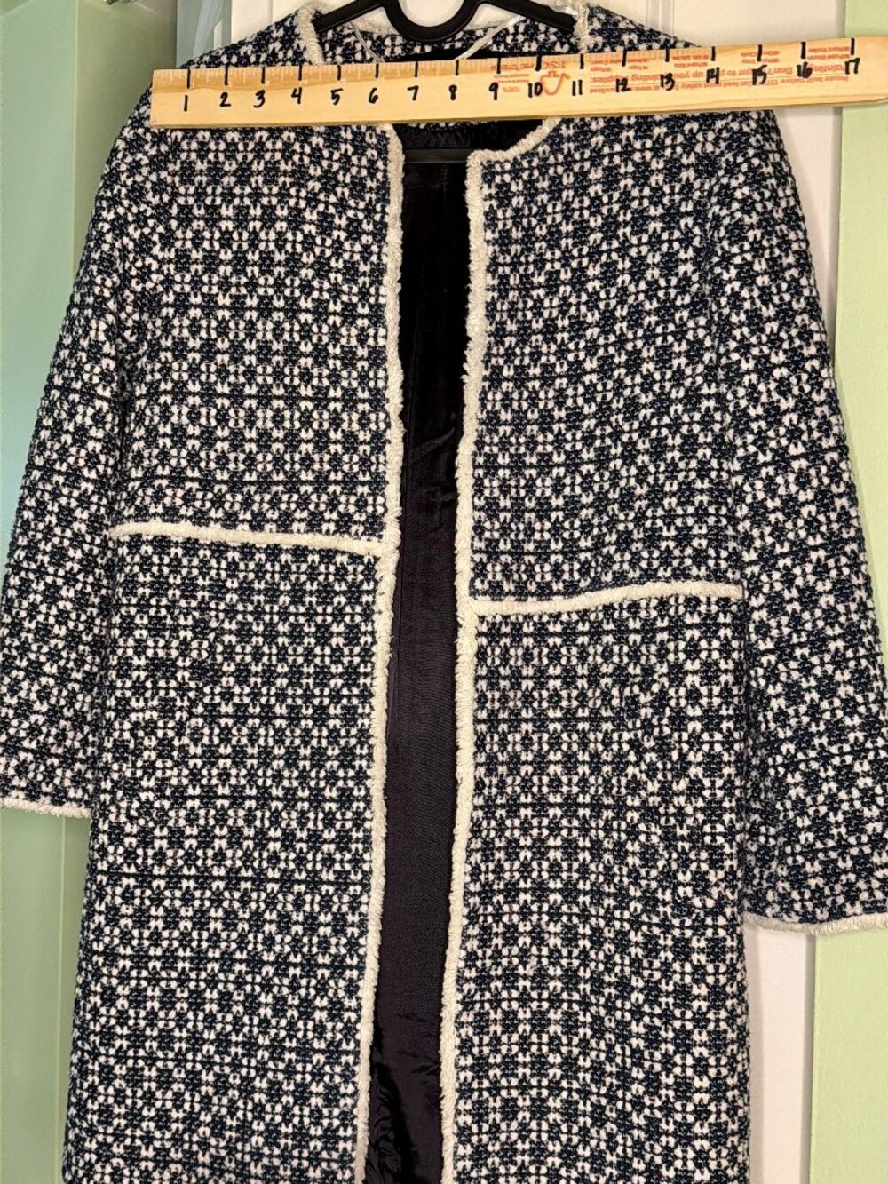 Zara Woman Navy & Cream Tweed Long Open-Front Coat Jacket - S